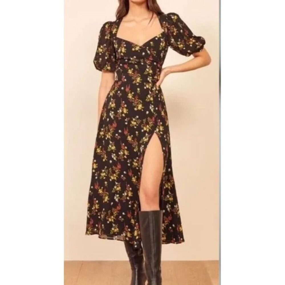 Reformation Wildflower Dress Vionnete Black Floral Puff-Sleeve Midi Size 2 NEW